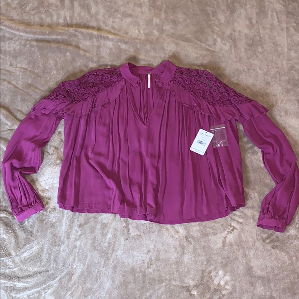 NEW Free People Ruffle Blouse Raspberry (XS) - Picture 2 of 6